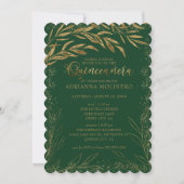Invitation Quinceanera et messe Emerald Feuilles vert et or (Devant)