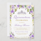 Invitation Quinceanera, étincelle florale violette 15e annive (Devant)