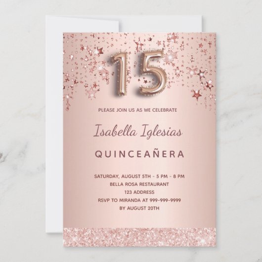 Invitation Quinceanera étoiles rose or rose (Devant)