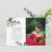 Invitation Quinceañera Eucalyptus Green Photo florale (Debout devant)