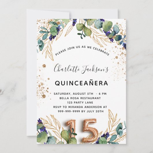 Invitation Quinceanera eucalyptus parties scintillant verte é (Devant)