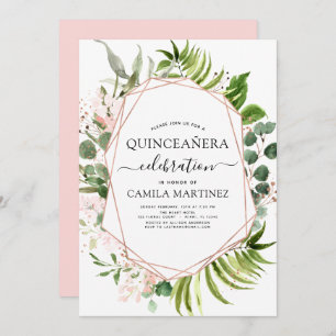 Invitation Quinceanera Eucalyptus Rose Gold Invitat géométriq