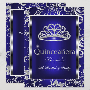 Invitation Quinceanera Fête 15 Ans Bleu Foncé Damassé Argent