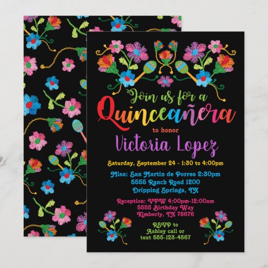 Invitation Quinceañera fête d'anniversaire avec broderie (Devant / Derrière)