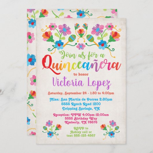 Invitation Quinceañera fête d'anniversaire avec broderie (Devant / Derrière)