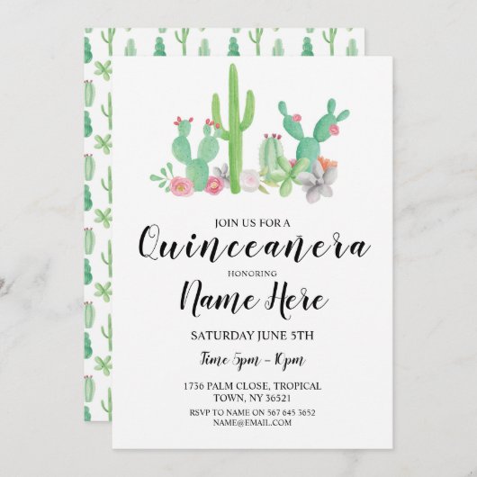 Invitation Quinceañera fête d'anniversaire Cactus Cactus Invi (Devant / Derrière)