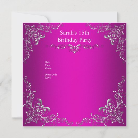 Invitation Quinceanera fête d'anniversaire Hot rose Silver Ti (Dos)