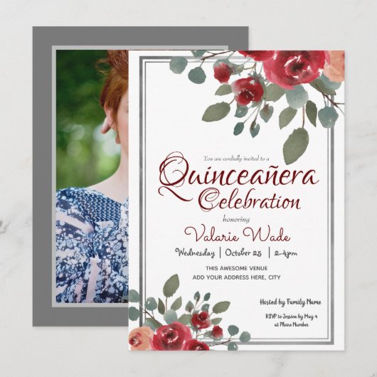 Invitation Quinceañera Fête de l'aquarelle Rose Floral (Devant / Derrière)