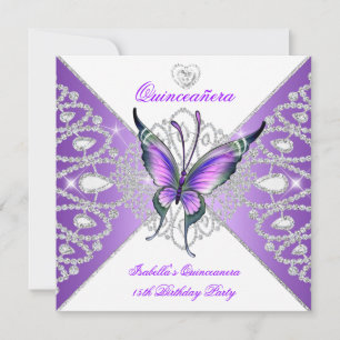 Invitation Quinceanera Fête des 15 ans Diadème Papillon Viole