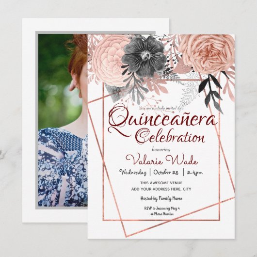 Invitation Quinceañera Fête des roses roses roses florales (Devant / Derrière)