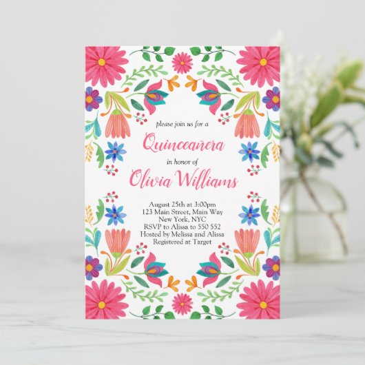 Invitation Quinceanera Fête Fleurs Mexicain Rose Anniversaire (Debout devant)