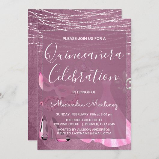 Invitation Quinceanera Fête Mascarade violette (Devant / Derrière)