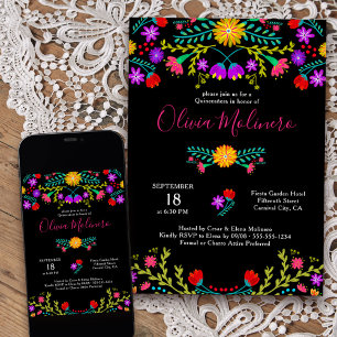 Invitation Quinceanera Fête Mexicaine Floral Coloré Noir