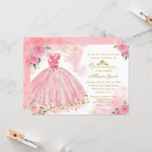 Invitation Quinceañera Feuille D'Or Robe Rose Chau