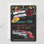 Invitation Quinceanera fiesta floral bas et rose rouge (Devant)