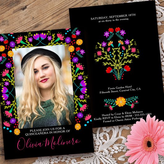 Invitation Quinceanera Fiesta mexicaine Florale Black Photo