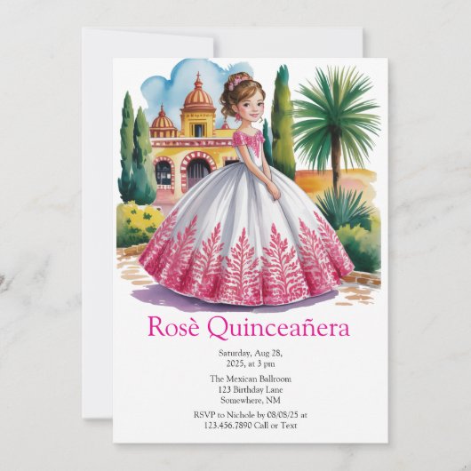 Invitation Quinceañera fille en rose et blanc (Devant)