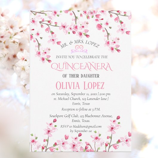 Invitation Quinceañera Fleur de cerise 15e anniversaire