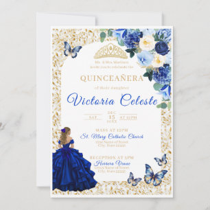 Invitation Quinceañera Fleur Papillon Or Bleu Roya