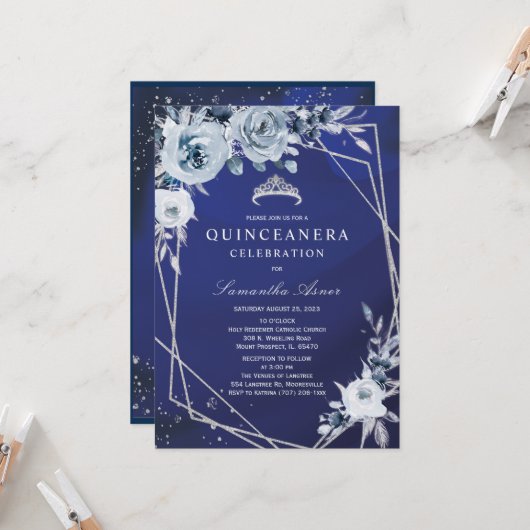 Invitation Quinceañera Fleur Royal Bleu (Devant/Arrière en situation)