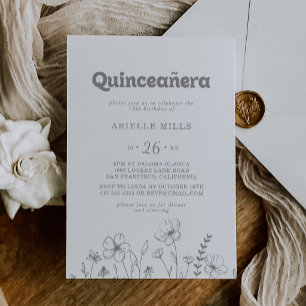 Invitation Quinceañera Fleur Sauvage Grise Minimale et Discrè