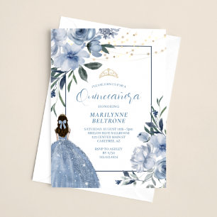Invitation Quinceañera Fleurie Bleu Poussiéreux et Or