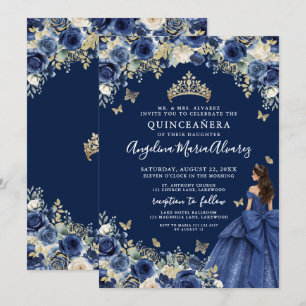Invitation Quinceanera Fleurie Or et Bleu Marine