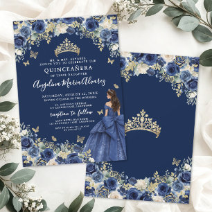 Invitation Quinceanera Fleurie Or et Bleu Marine