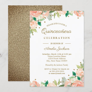 Invitation Quinceanera Fleurie Pailletée Or Péché