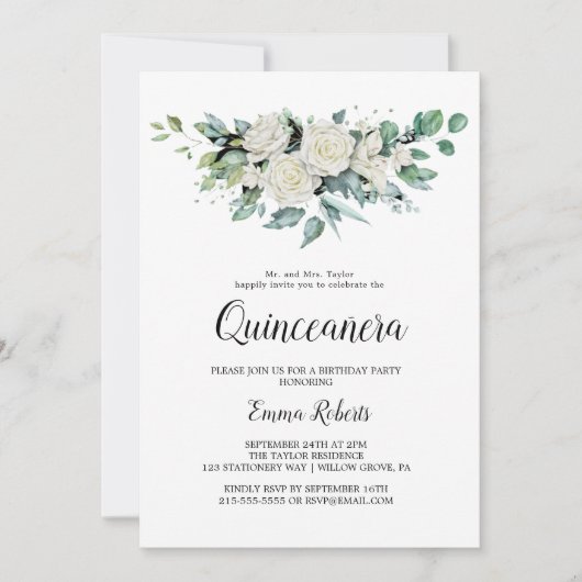 Invitation Quinceañera Fleurs Blanches Classiques (Devant)