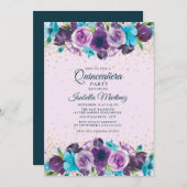Invitation Quinceañera Fleurs Bleu Violet Pailleté Or (Devant / Derrière)