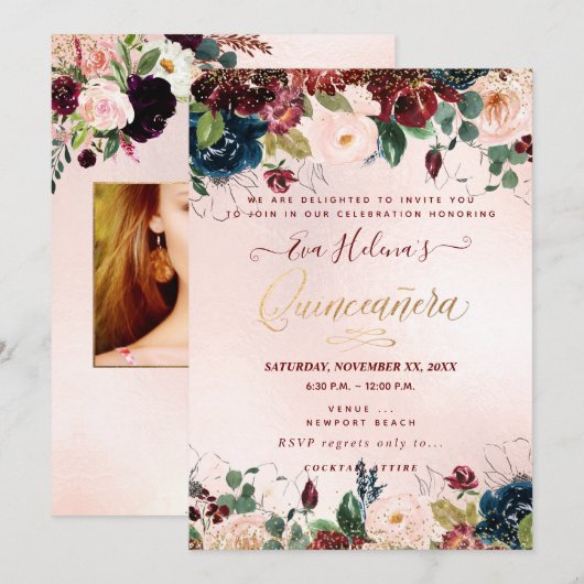 Invitation Quinceañera, Fleurs d'aquarelle rousse do-it-yours (Devant / Derrière)