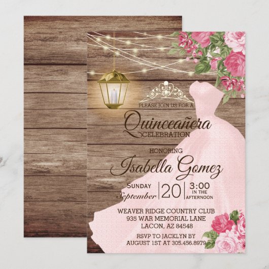 Invitation Quinceañera Fleurs de bois et de mauve rose (Devant / Derrière)