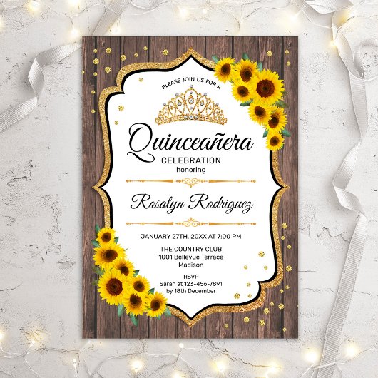 Invitation Quinceanera - Fleurs de soleil Bois rustique Blanc