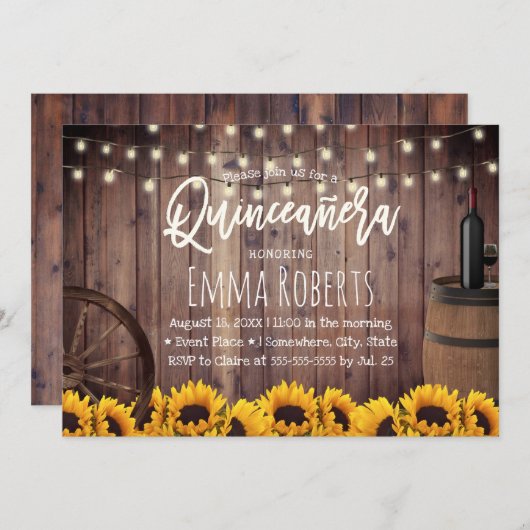 Invitation Quinceanera Fleurs de soleil rustiques Baril de bo (Devant / Derrière)
