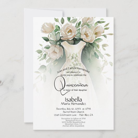 Invitation Quinceañera | Fleurs et robes d'ivoire (Devant)