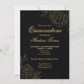 Invitation Quinceanera Fleurs florales en noir et or (Devant)