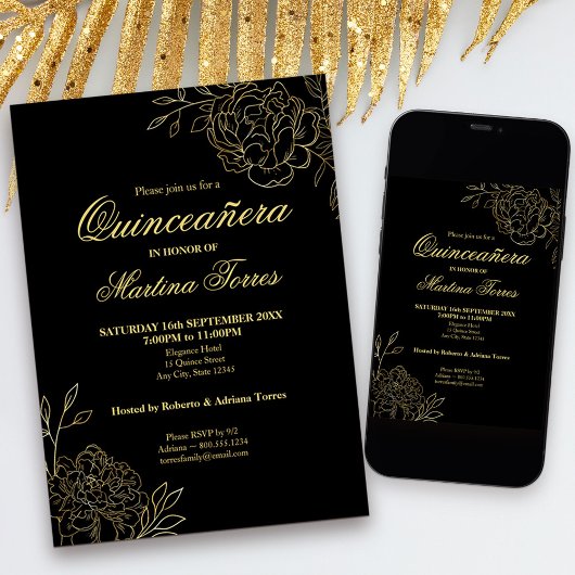 Invitation Quinceanera Fleurs florales en noir et or