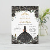 Invitation Quinceañera Fleurs florales noires Robe de fille O (Debout devant)