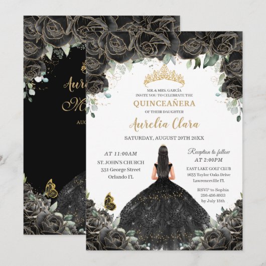 Invitation Quinceañera Fleurs florales noires Robe de fille O (Devant / Derrière)