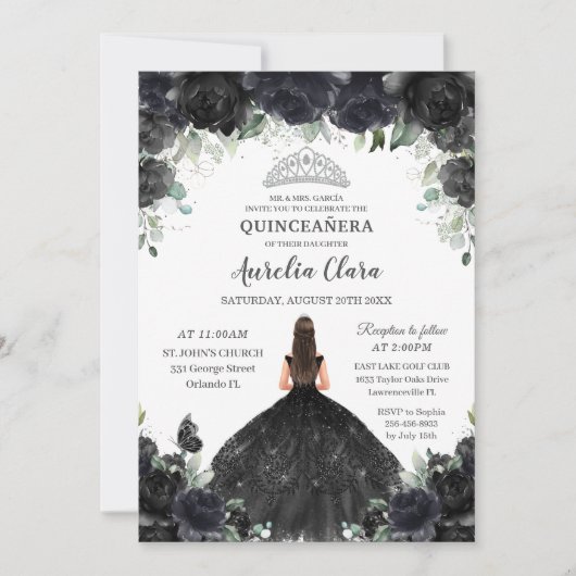 Invitation Quinceañera Fleurs florales noires Robe fille Arge (Devant)