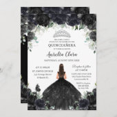 Invitation Quinceañera Fleurs florales noires Robe fille Arge (Devant / Derrière)