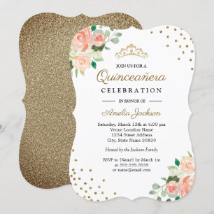 Invitation Quinceanera Fleurs Or Abricot Confettis