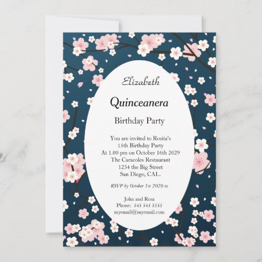 Invitation Quinceanera Fleurs rose pâle Bleu (Devant)