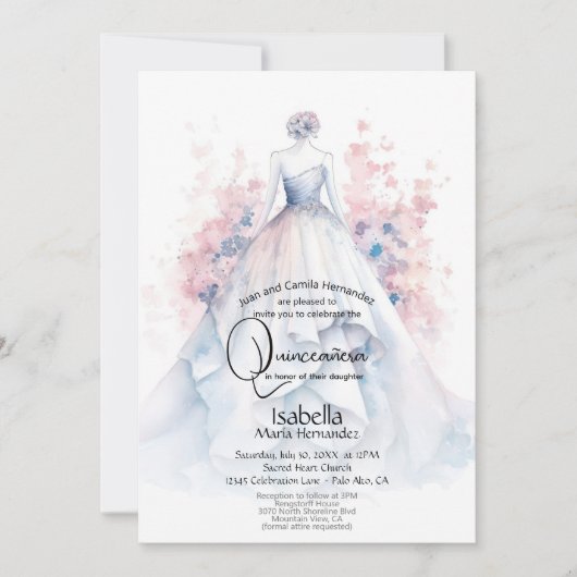 Invitation Quinceañera | Fleurs roses pâles et bleues (Devant)