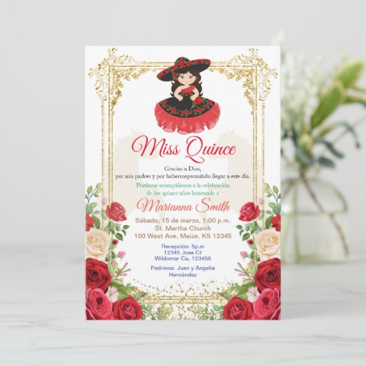 Invitation Quinceanera Fleurs Roses Rouges, (Debout devant)