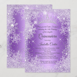 Invitation Quinceañera Flocon de Neige Violet Hiver Merveille