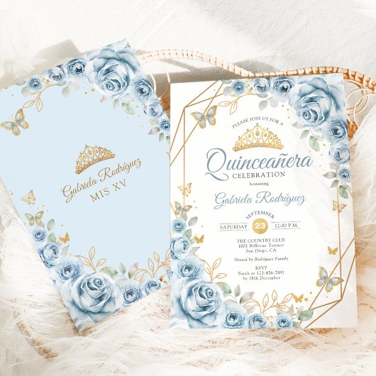 Invitation Quinceanera Floral Baby Blue Gold