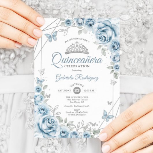 Invitation Quinceanera Floral Baby Blue Silver