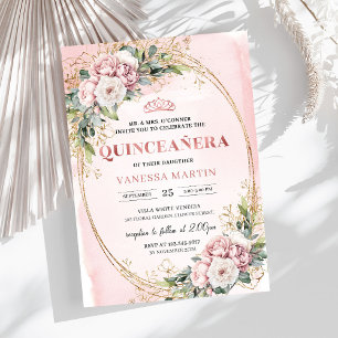 Invitation Quinceañera Floral de Vert feuillage Rose Poussiér